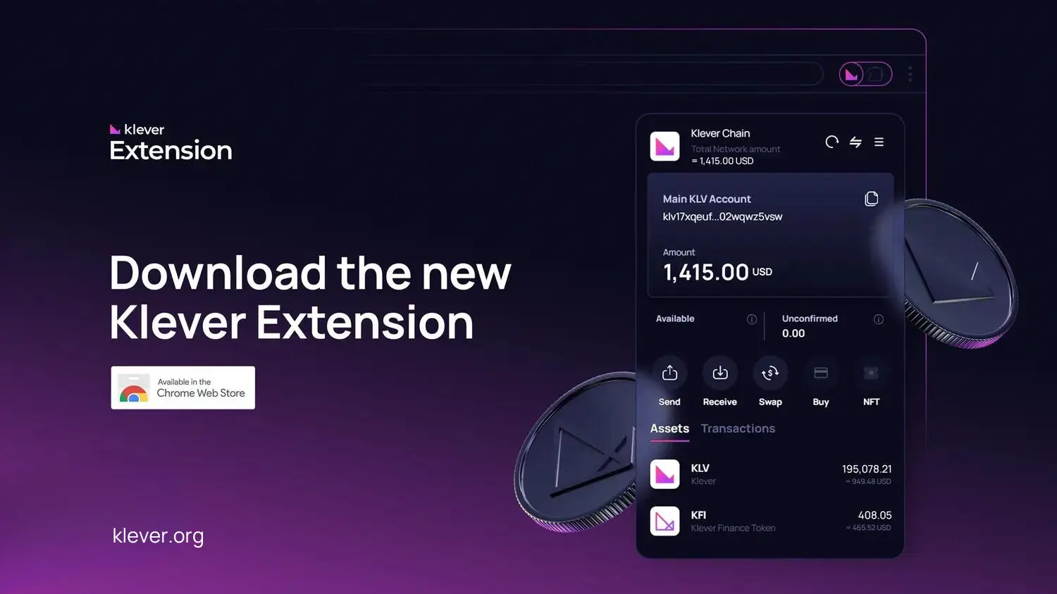 crypto innovation <strong>The image promotes the new Klever Extension with the text "Download the new Klever Extension" and a Chrome Web Store badge. It shows a screenshot of the extension interface with a Klever Chain account balance of 1,415.00 USD. The background has a dark-to-purple gradient, and the Klever website URL "klever.io" is at the bottom.</strong> klever wallet, crypto, klever extension, browser extension, innovation, swap, hardware wallet, blockchain, exchange </p> <p>