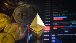 gold etherium symbol on business background for cryptocurrency concept 3d rendering